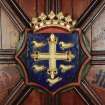Aberdeen, Chanonry, St Machar's Cathedral, Heraldic Ceiling.
Detail of the Heraldic Shield of the arms of Saint Margaret of Scotland.
Shield: Azure, a cross floretty between five martlets or.