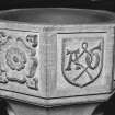 Font from Kinkell Old Parish Church now in St John's Episcopal Church, Aberdeen.
Detail of panels displaying a) a rose, and b) a shield charged with the linked initials A G, for Alexander Galloway.