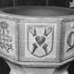Font from Kinkell Old Parish Church now in St John's Episcopal Church, Aberdeen.
Detail of panel displaying the Five Wounds.
