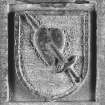 Font from Kinkell Old Parish Church now in St John's Episcopal Church, Aberdeen.
Detail of panel bearing a shield charged the heart pierced by a sword.