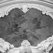 Interior.
Detail of plasterwork and painted decorative panel in ceiling.