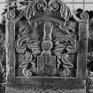 Inverarary, Kilmalieu Burial Ground.
View of headstone, Alexander Duncanson, 1706. Armorial carving, under scrolling foliage.