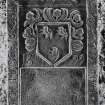 Inveraray, Kilmalieu Burial Ground.
Table-tomb of R. Ross, died 1698. Double R's and merchant's scales and '4m' sign, and a heart, above armorial and inscription.
Insc: '...Rob....Ross. Late Provost Of Inverr....This Life The First Of March 1698.His....and Here Lyes David...Burgess in Inverr May Who Died the 29th of March 1776, Aged 82 years'.