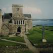 Iona, Iona Abbey.
View of West front with crosses from West.