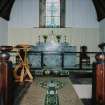 Interior. Chancel showing lecturn by J Holdsworth, Italian Green Marble altar, stained glass by George G Kirk and carpet by R H H Montgomery.
