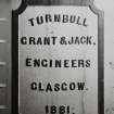 Bruichladdich Distillery, Islay.
Detail of makers name plate on heating tank (copper), Mash house.
Turnbull, Grant and Jack, Engineers, Glasgow. 1881'