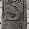 Keills Chapel, West Highland stone.
View of fragment of West Highland cross-shaft in daylight.