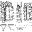 Publication drawing. Kilbride Chapel, Rhudil. Interior and exterior elevation, section and plan of E windows.
