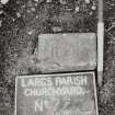 Detail of lair marker. 
Insc: "AK JD"
Largs Parish Churchyard No 77



