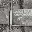 Detail of lair marker. 
Insc: "J.M"
Largs Parish Churchyard No 211


