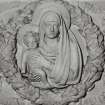 Glasgow, Abercromby Street, St Mary's RC Church.
Former altar, relief carving of Our Lady holding the baby Jesus, detail.