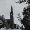 Glasgow, 274 Albert Drive, Pollockshields Parish Church.
View of clocktower and spire from West.
