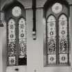 Glasgow, 64 Bothwell Street, Christian Institute, interior.
View of two central stained glass windows  in North wall of central hall.