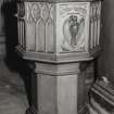 Glasgow, 137 Crossloan Road, MacGregor Memorial Church, interior.
General view of carved font with tracery motifs and dove.