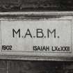 Glasgow, 137 Crossloan Road, MacGregor Memorial Church.
General view of date stone.
Insc: 'M.A.B.M. 1902 ISIAH LX XXII'.