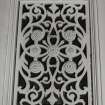 Glasgow, 176 Duke Street, Sydney Place United Presbyterian Church, interior.
Detail of North wall, ceiling ventilation grate. A fretwork design of flowers and foliage.