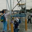 Glasgow, Garden Festival.
General view of people playing with the giant percussion instrument by the quay.