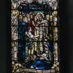 Interior. Detail of N Transept stained glass window by Alf Webster 1913