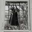 Glasgow, 54 Langside Drive, interior.
General view of  ground floor music room stained glass window. A design of two ladies in medieval dress with lyre and cymbals.