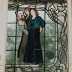Glasgow, 54 Langside Drive, interior.
General view of ground floor music room stained glass window. A design of two ladies in medieval dress playing cymbals and a lyre.