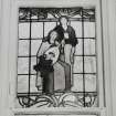 Glasgow, 54 Langside Drive, interior.
General view of ground floor music room, stained glass window with two ladies in medieval dress plating lute and tambourine.