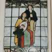Glasgow, 54 Langside Drive, interior.
General view of ground floor music room stained glass window. A design of two ladies in medieval dress with lute and tabourine.