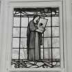 Glasgow, 54 Langside Drive, interior.
General view of ground floor music room, stained glass window. A dsign of a lady in medieval dress playing an eight stringed harp.
