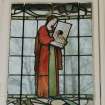 Glasgow, 54 Langside Drive, interior.
General view of ground floor music room, stained glass window. A design of a lady in medieval dress with a eight stringed harp.