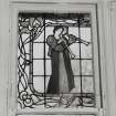 Glasgow, 54 Langside Drive, interior.
General view of  ground floor music room, stained glass window. A Design of two ladies in medieval dress playing hautbois.