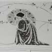 Glasgow, 54 Langside Drive, interior.
Detail of decorative frieze above the fireplace in the ground floor music room. A design of a stylized maiden in a flower bower in the manner of Jessie M. King.