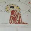 Glasgow, 54 Langside Drive, interior.
Detail of decorative frieze above fireplace in the ground floor music room. A design of a stylized maiden in a flower bower in the manner of Jessie M. King.