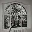 Glasgow, 54 Langside Drive, interior.
General view of first floor landing large stained glass window. A design of maidens harvesting fruits. Insc: 'While.the. Earth.Remaineth.Seedtime and Harvest and Cold and Heat and Summer and Winter and Day and Night. Shall. Not.Cease.'.