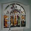 Glasgow, 54 Langside Drive, interior.
General view of first floor landing large stained glass window. A design of maidens harvesting fruits.
Insc: 'While. the.Earth.Remaineth.Seedtime.and.Harvest and Cold and Heat and Summer and Winter and Day and Night.Shall.Not Cease'.