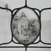 Glasgow, 54 Langside Drive, interior.
Detail of roundel in the stained glass window on the first floor window. Painted glass design of a picturesque house with balcony.
