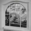 Glasgow, 52 Langside Drive, interior.
General view of first floor landing stained glass window. A design of a ship sailing into the sunset, with swallows flying above.