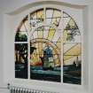 Glasgow, 52 Langside Drive, interior.
General view of first floor landing stained glass window. A design of a ship sailing off into the sunset with swallows flying above.