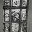 Interior, view of first floor staircase stained glass window by Kier of Glasgow 1874 comemorating the Battle of Langside