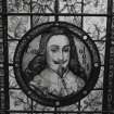 Interior, detail of first floor staircase stained glass window depicting Charles I