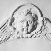 Interior.
Detail of plaster angel-head from SE compartment ceiling, second floor.