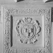 Interior.
Detail of plaster heraldic panel above fireplace, SE compartment, 2nd floor.