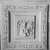 Interior.
Detail of heraldic panel above fireplace in NE compartment (ante-room), third floor.