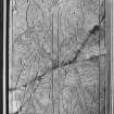 Medieval incised grave-slab, depicting two male figures, clad in plate armour, below an arched canopy.