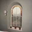 Interior.
View of stained glass window on staircase.