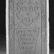 Reverse of medieval graveslab, showing secondary inscription commemorating John Forbes of Ardmurdo, d.1592.  Slab bears Forbes arms, and inscriptions in both Latin and Greek.