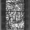 Interior.
Detail of stained glass window in E wall of chancel.
