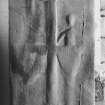 Interior, view of tomb slab beside pulpit in nave.