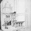 Interior. Session room drawing of pulpit and organ in the apse signed Andrew J Cana ?