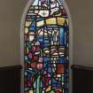 Interior.  Entrance hall W wall stained glass by Charles Florence dated 1965 of natures bounty