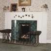 Interior. Detail of first floor master bedroom fireplace with painted swallows