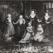 Ground floor hall, detail of painting above fireplace, copy of the Fairfax-Lucy family portrait at Charlecote